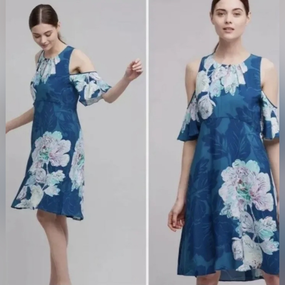 Maeve Anthropologie Elia Floral Print Dress Womens Sz 8 Cold Shoulder Teal Blue